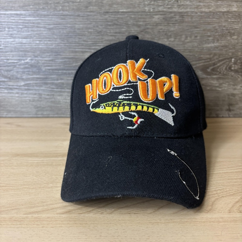 Hook Up Fishing Hat Cap Strap Back Mens Black Embroidered Lure Graphic Outdoors